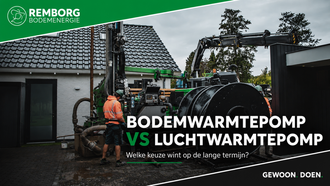 Banner van Remborg Bodemenergie met boorwerkzaamheden bij een woning en de tekst Bodemwarmtepomp vs luchtwarmtepomp